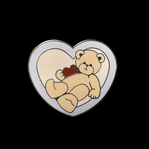 Valentines Teddy Bear with Heart Love Heart Shape Enameled Brooch Pin Vintage - Picture 2 of 4
